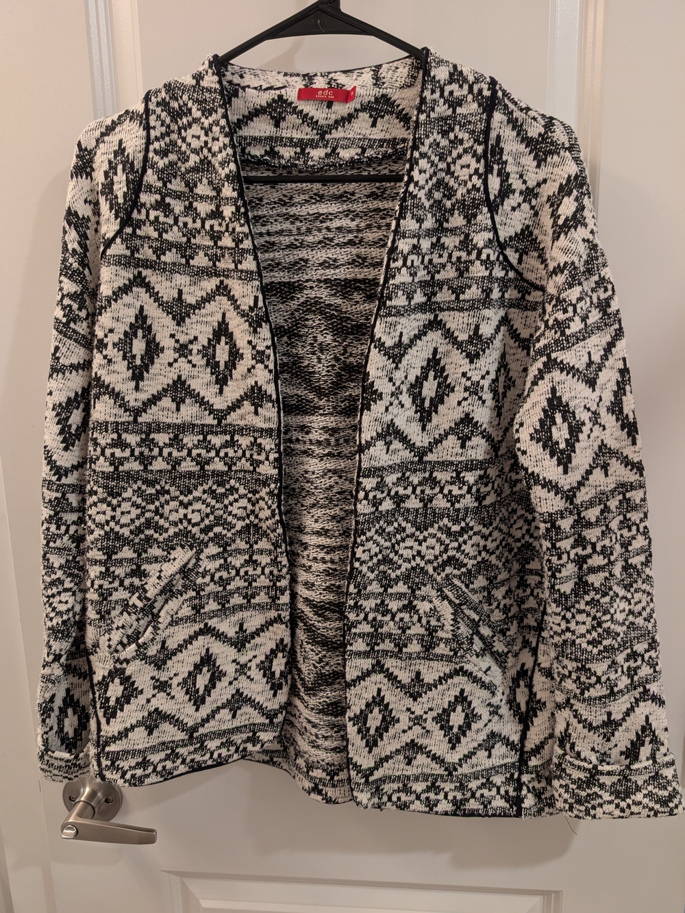 Open-Front Black & White Geometric Knit Cardigan